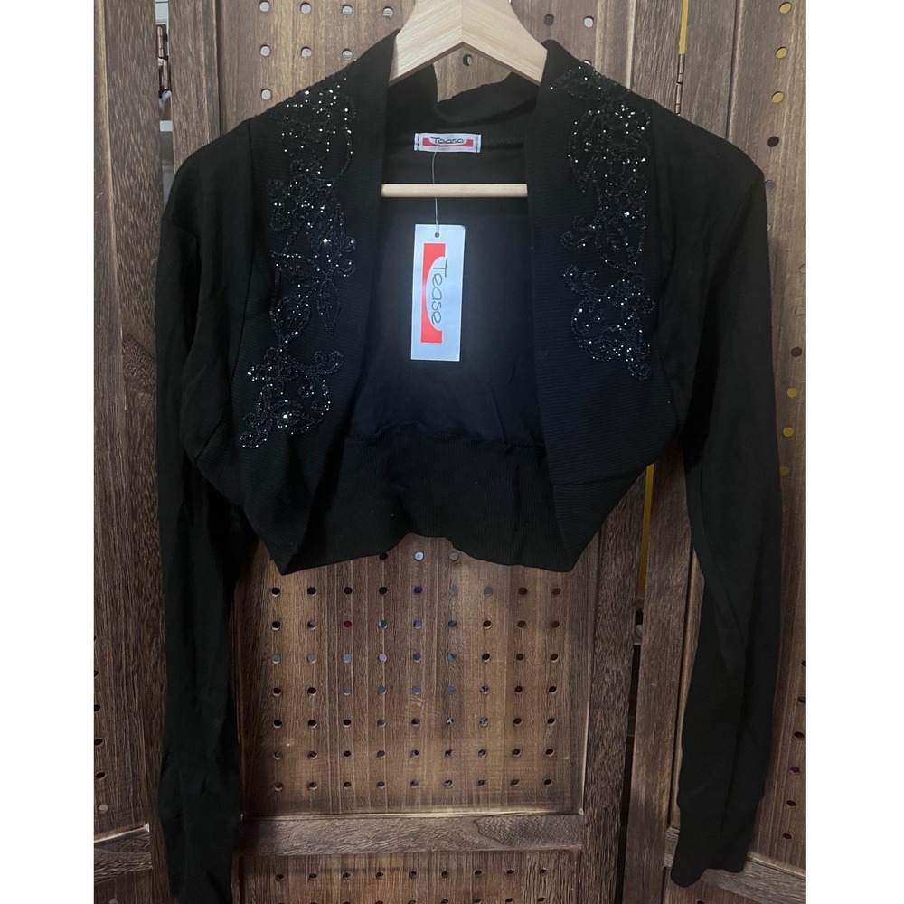 Tease Black Beaded Cropped Cardigan Size S/M NWT Made in UK Vtg